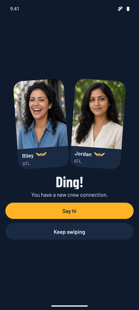 Wings Off match screen from the test build: two profile cards and Ding! You have a new crew connection